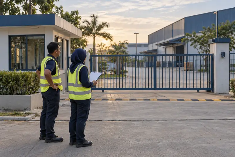 Dua petugas menilai pintu masuk kosong