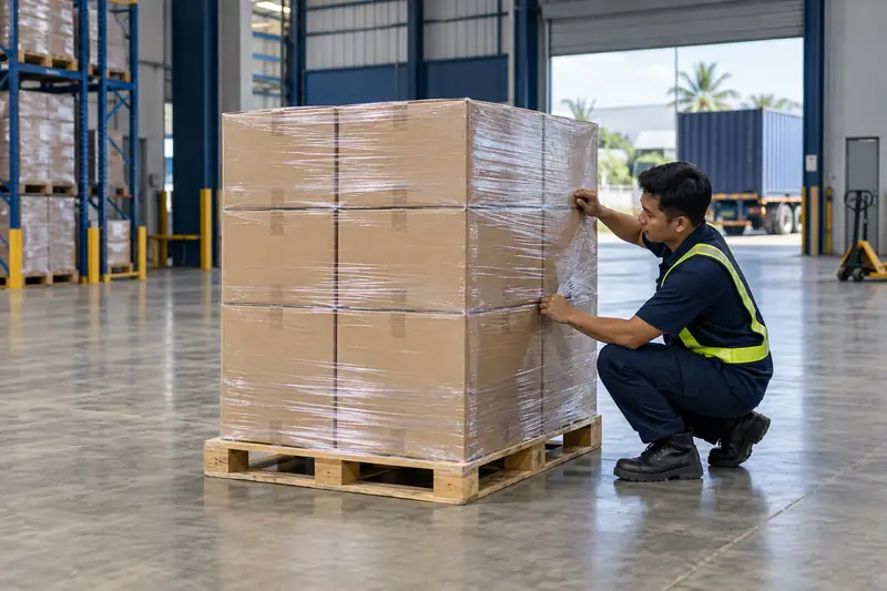 Karton dibungkus di atas palet