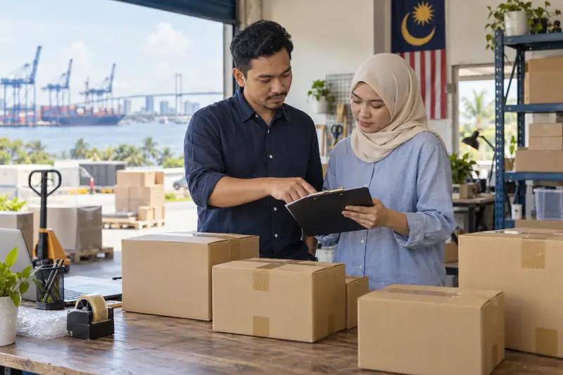 Dua rakan sekerja menyemak rekod bungkusan
