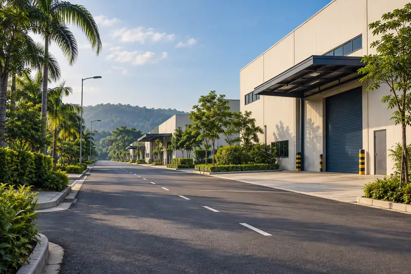 Laluan industri umum dengan bangunan gudang tanpa jenama